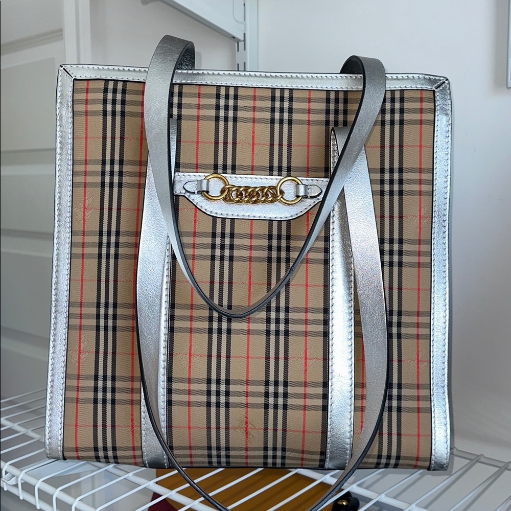 Authentic Burberry Checkered Tote Bag with Silver Accents - Picture 3 of 16